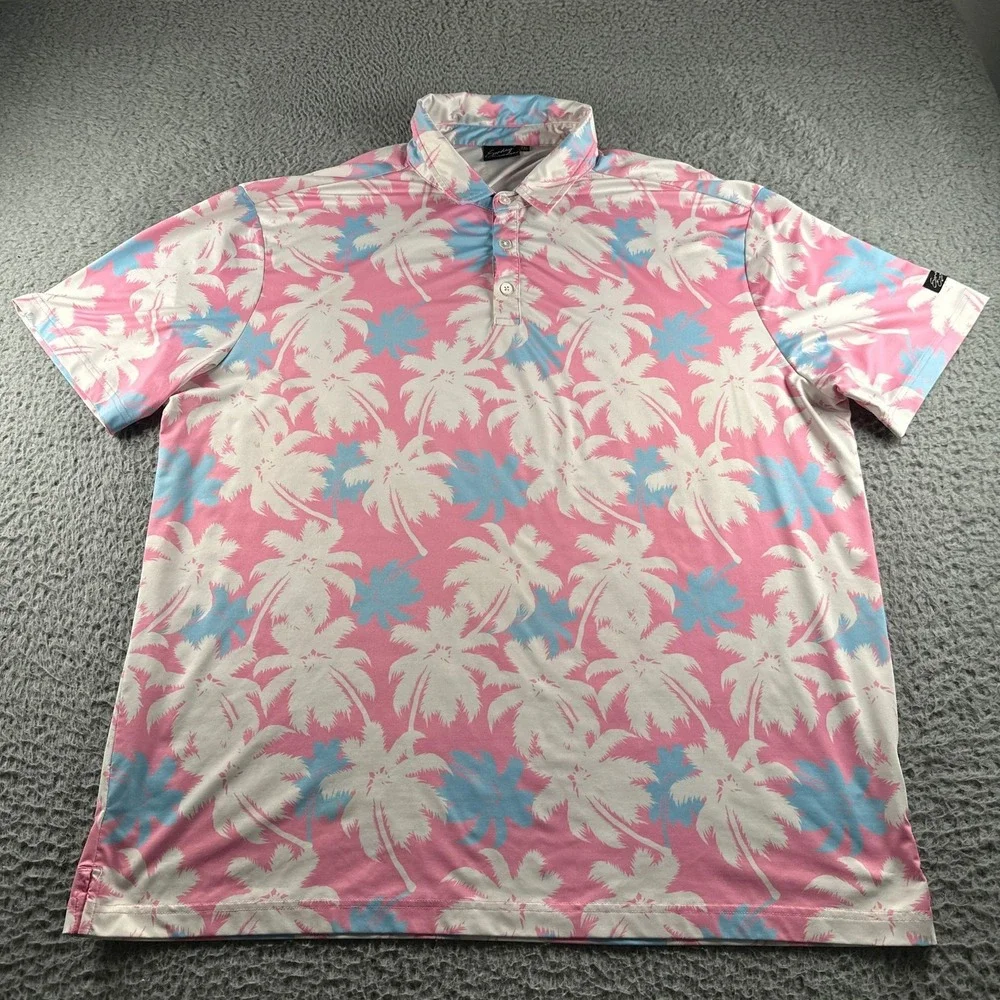 Sunday Swagger Polo Shirt Mens 2XL Pink Palm Print Short Sleeve Performance Golf
